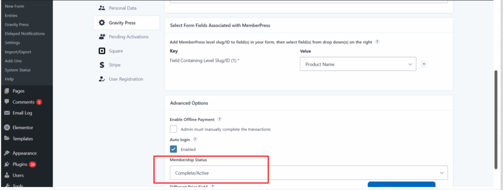 Membership Status on Gravity Press Settings