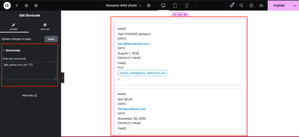 Display form entries