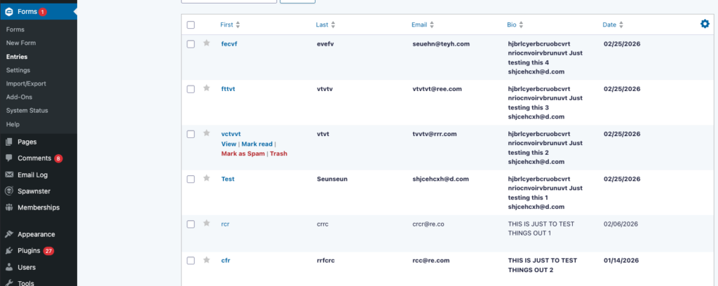 Displat Form Entries from gravity Forms