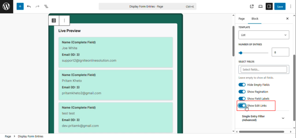 Edit Entries in Display Form Entries - Show Edit Links